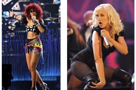 Christina Aguilera and Rihanna singing at 2010 AMAs